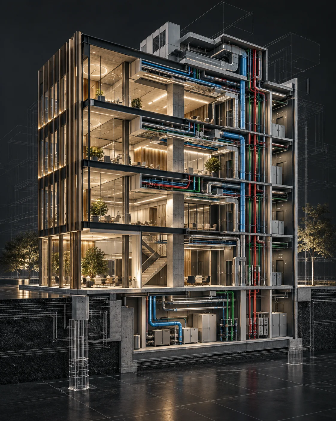 Sezione tecnica di un edificio con impianti MEP coordinati